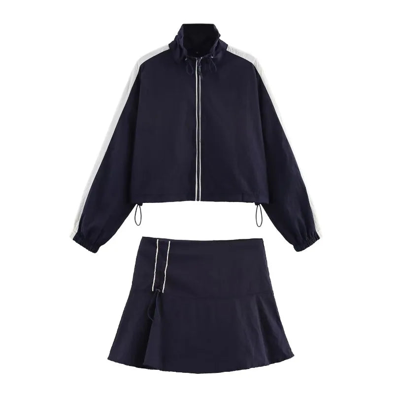 Casual Set- Cropped Jacket with White Stripe and Drawstring Skirt