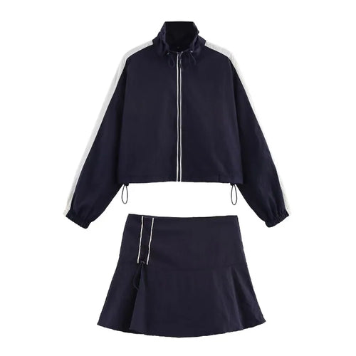 Casual Set- Cropped Jacket with White Stripe and Drawstring Skirt